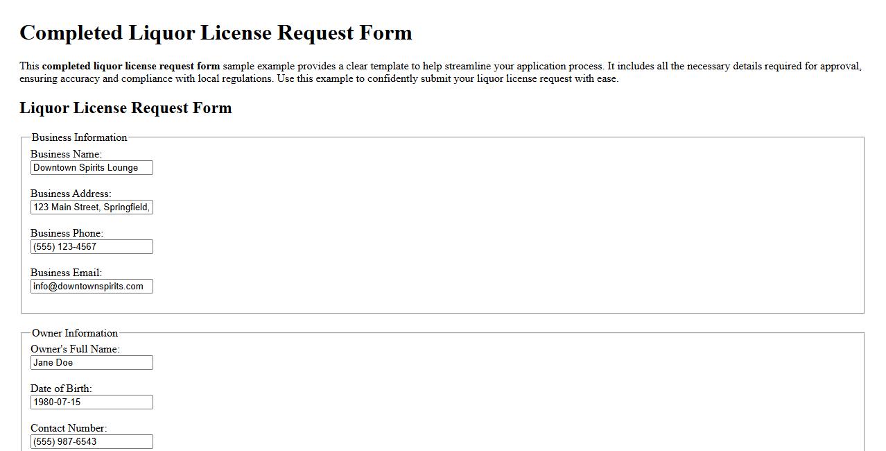 Completed liquor license request form sample example image preview