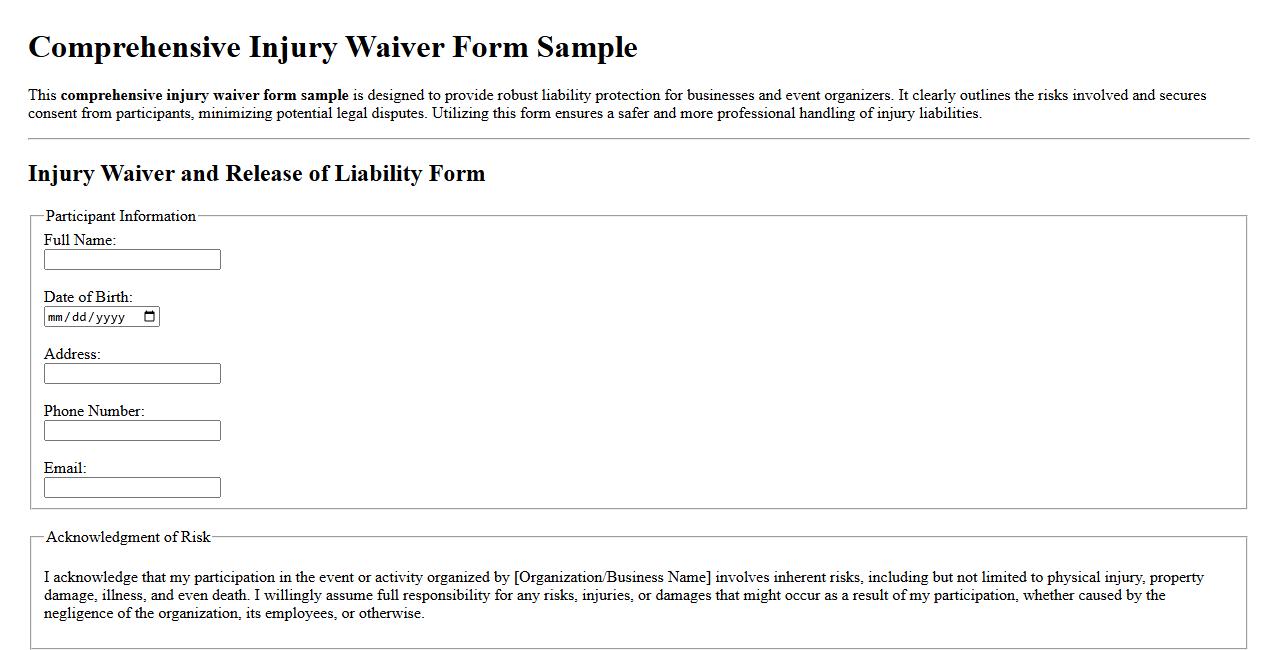 Comprehensive injury waiver form sample for liability protection image preview