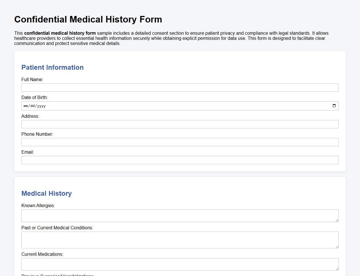 confidential medical history form sample with consent image preview