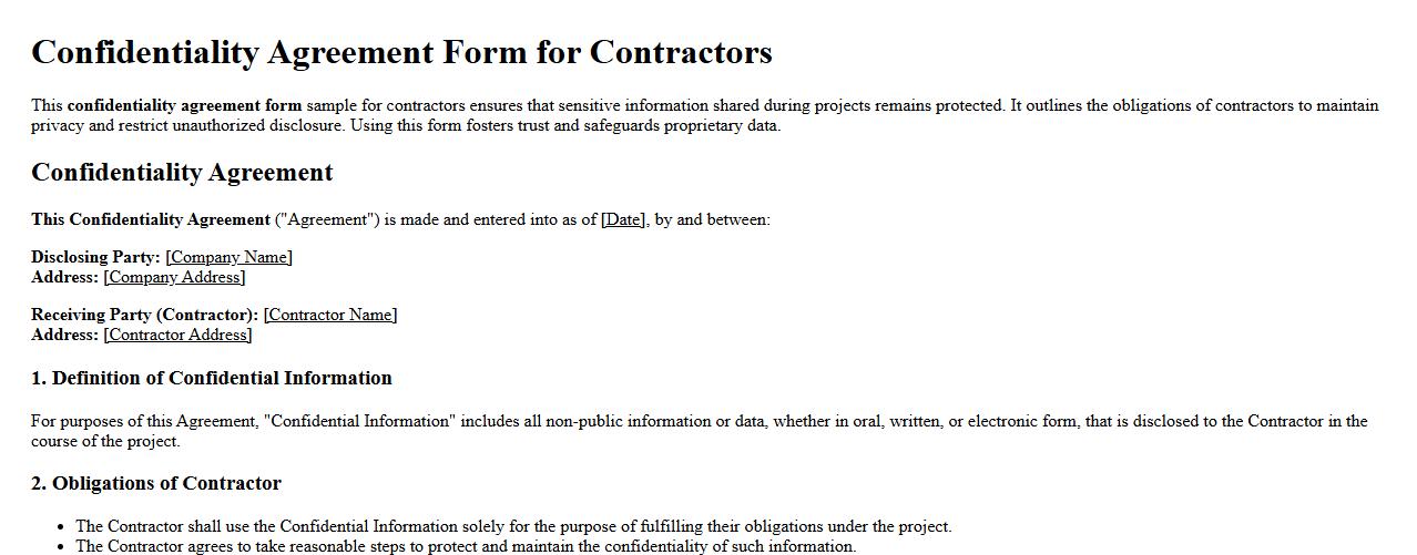 Confidentiality agreement form sample for contractors image preview