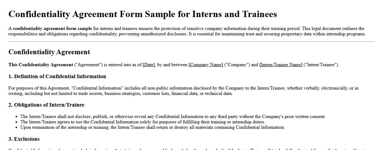 confidentiality agreement form sample for interns and trainees image preview