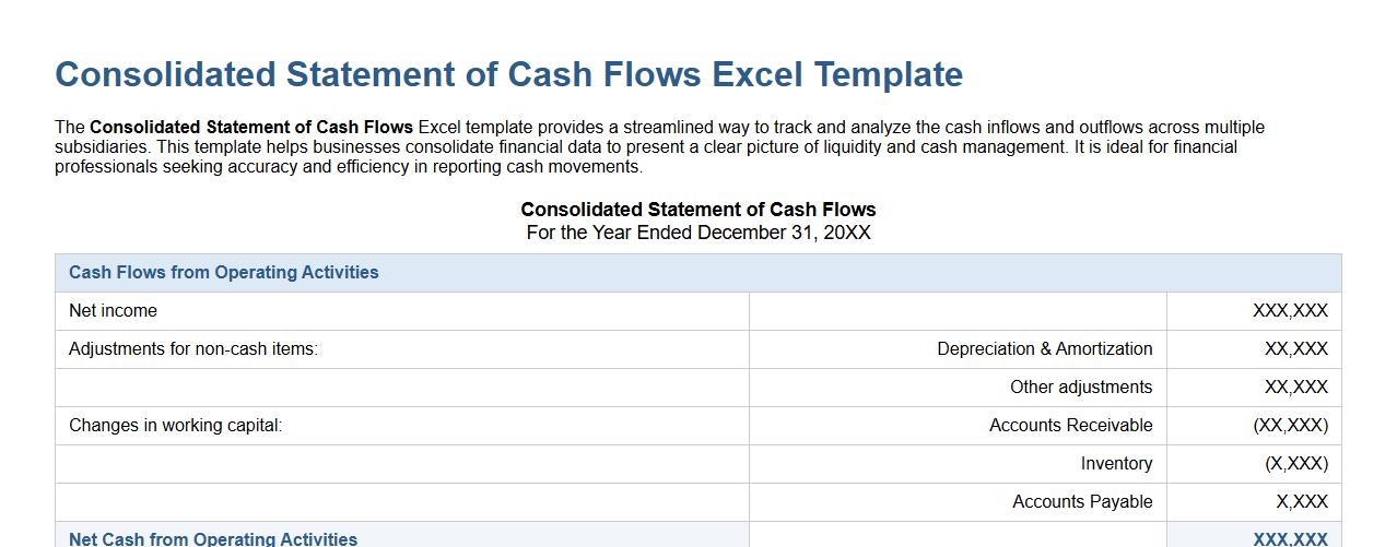 Consolidated Statement of Cash Flows Excel template image preview