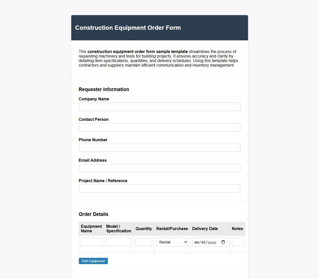 construction equipment order form sample template image preview