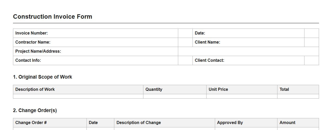 Construction invoice form sample including change order section image preview