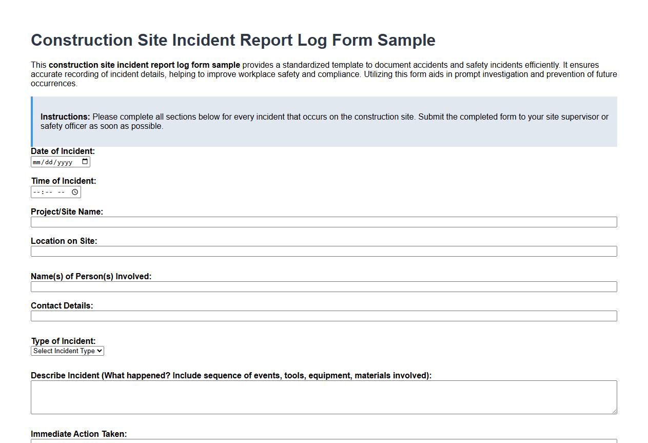 construction site incident report log form sample image preview