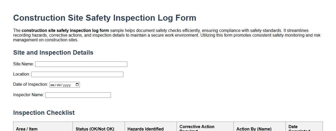 Construction site safety inspection log form sample image preview