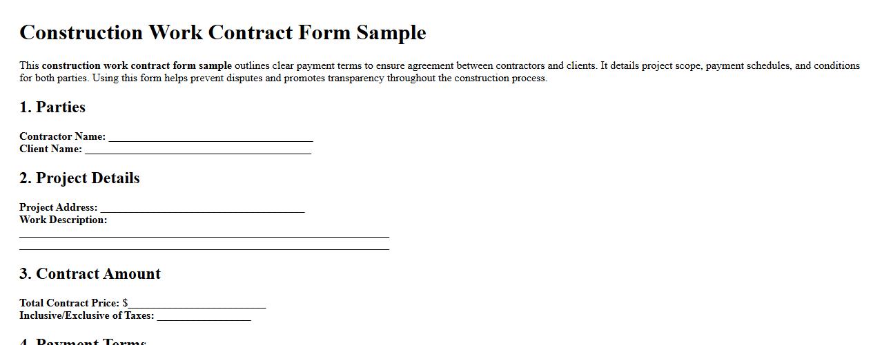 construction work contract form sample with payment terms image preview