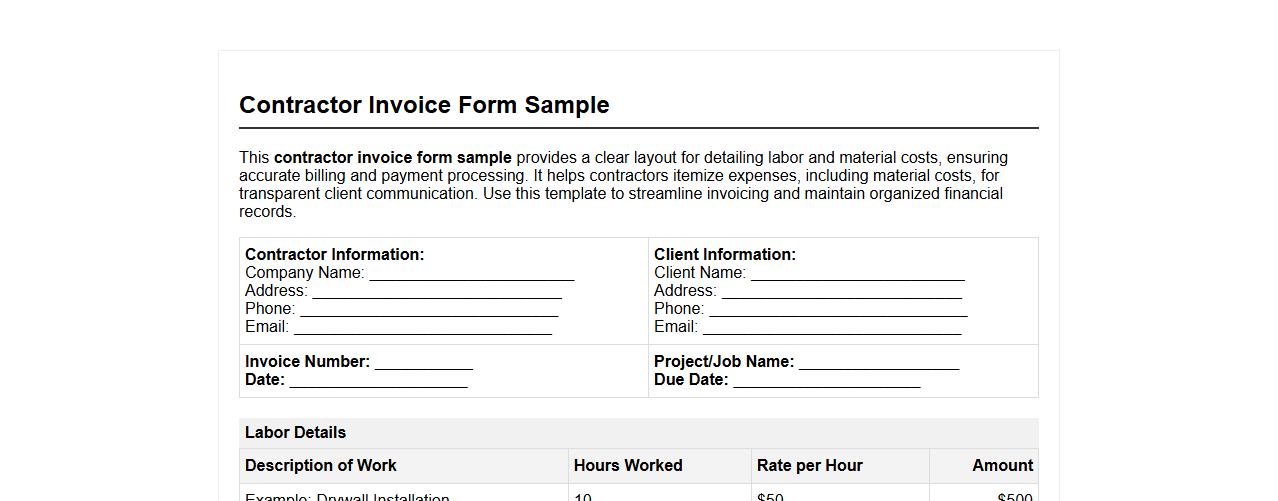 Contractor invoice form sample including material costs image preview