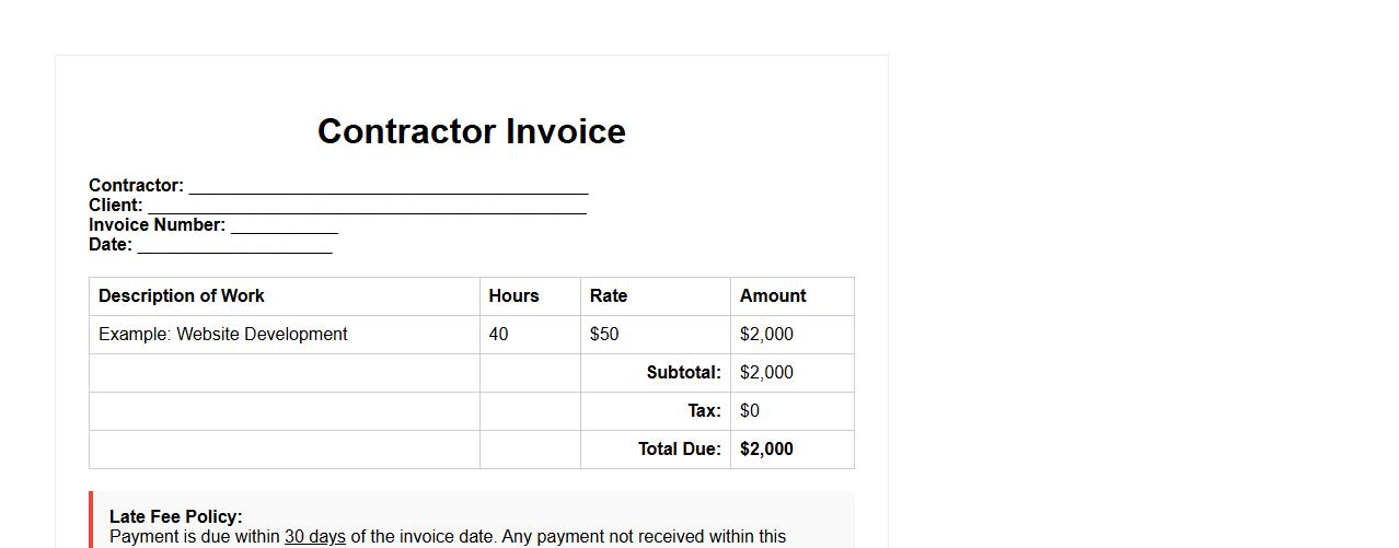 Contractor invoice form sample with late fee policy image preview
