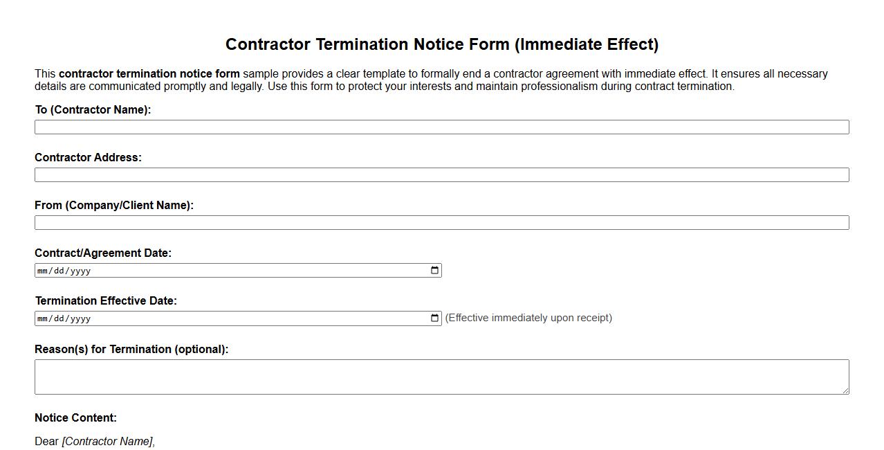 Contractor termination notice form sample with immediate effect image preview