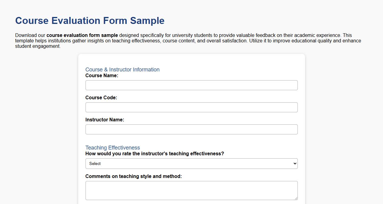 Course evaluation form sample for university students image preview