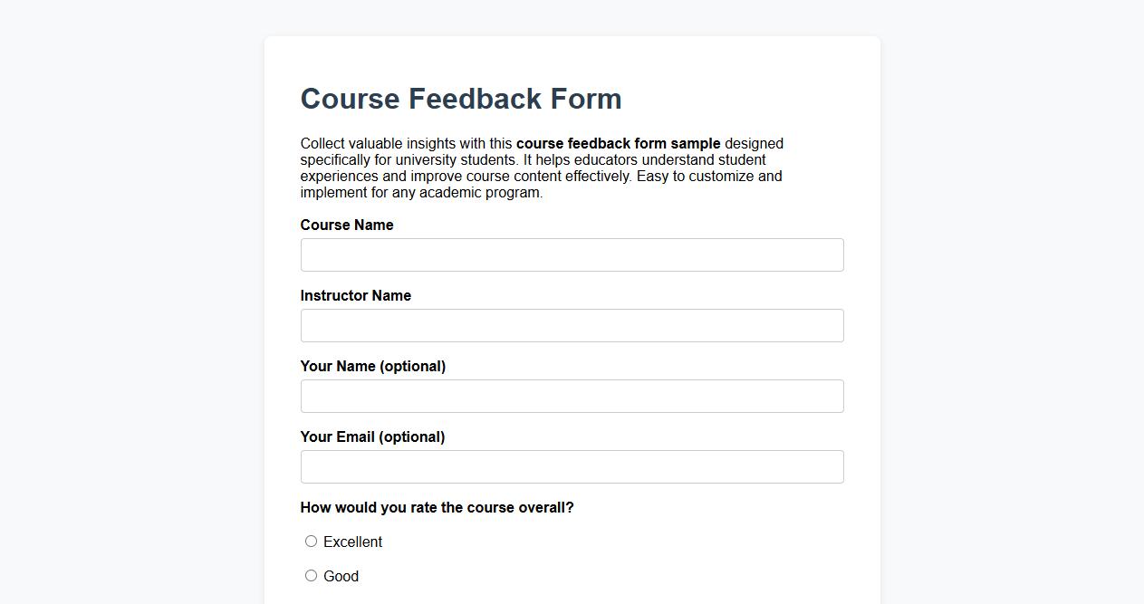 Course feedback form sample for university students image preview