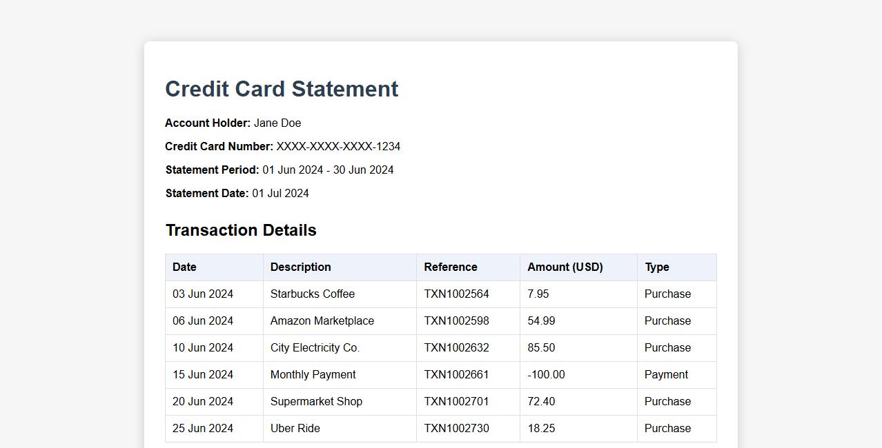 Credit card statement template with transaction details image preview