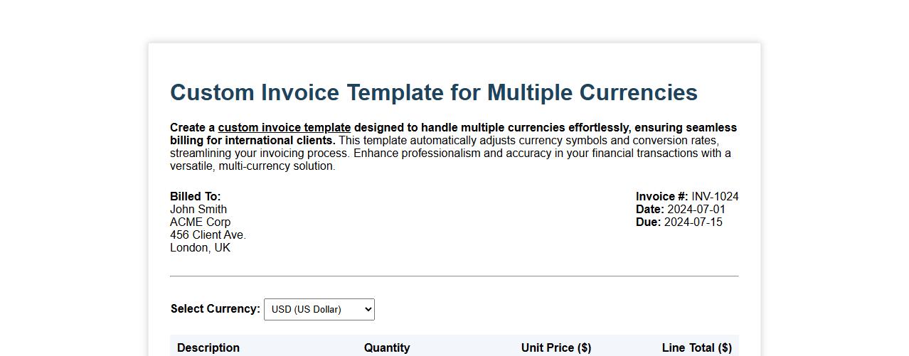 Custom invoice template for multiple currencies image preview
