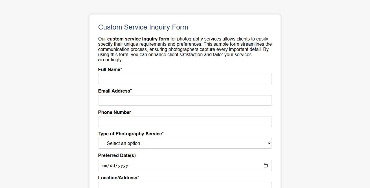 custom service inquiry form sample for photography services image preview