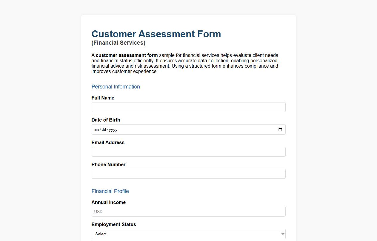 Customer assessment form sample for financial services image preview