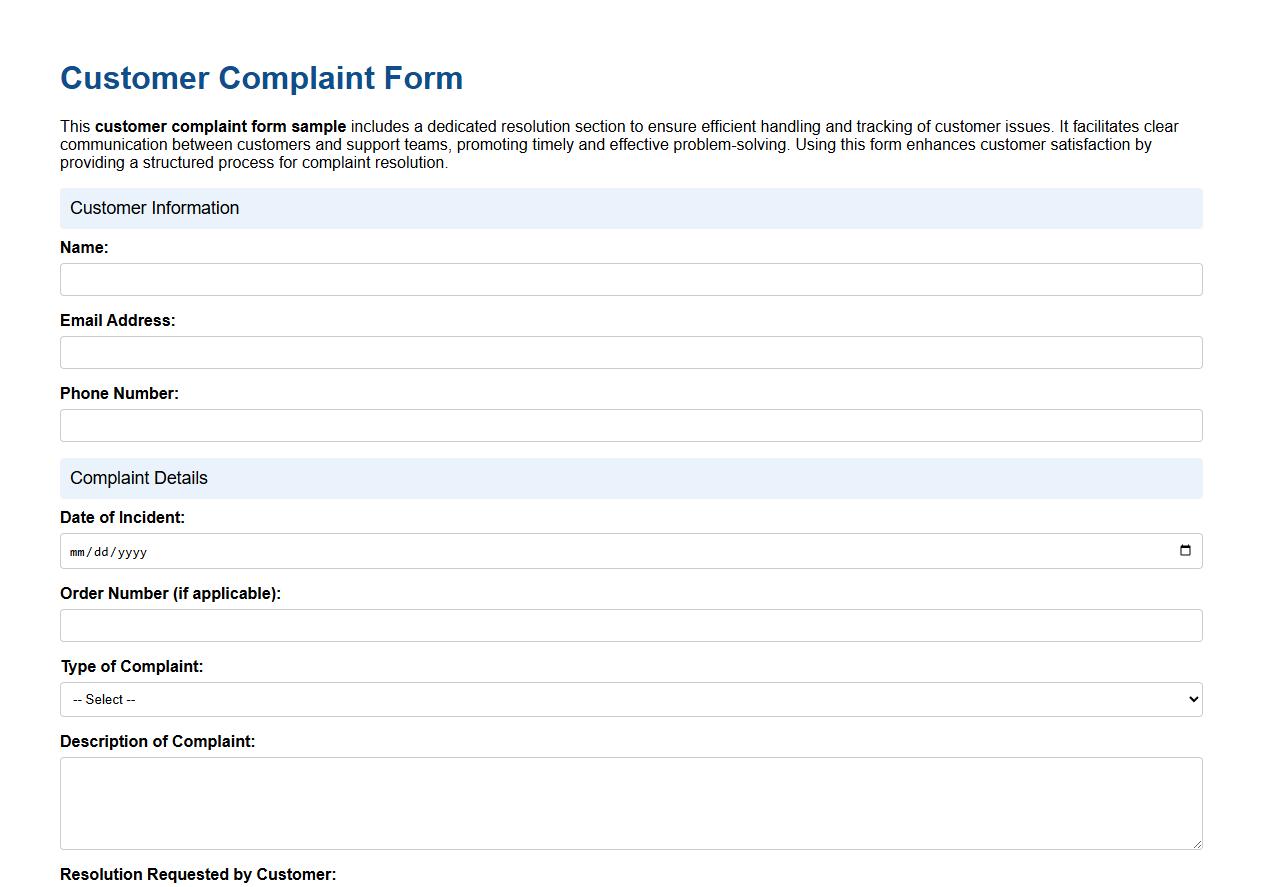 customer complaint form sample with resolution section image preview