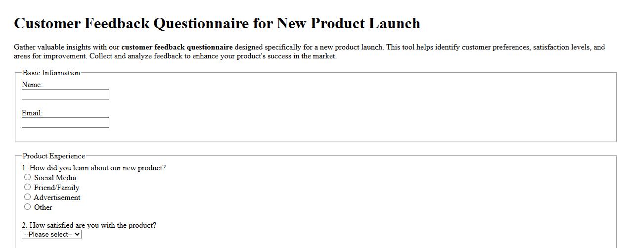 Customer feedback questionnaire for new product launch image preview