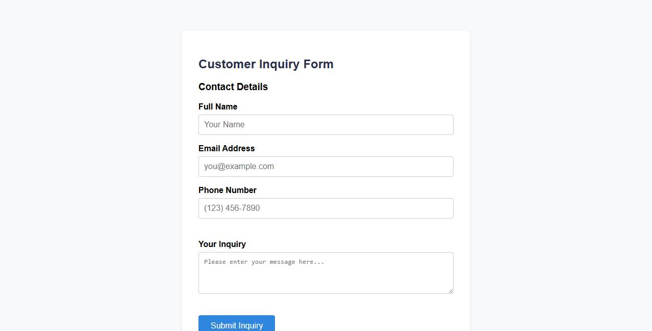 Customer inquiry form sample with contact details section image preview