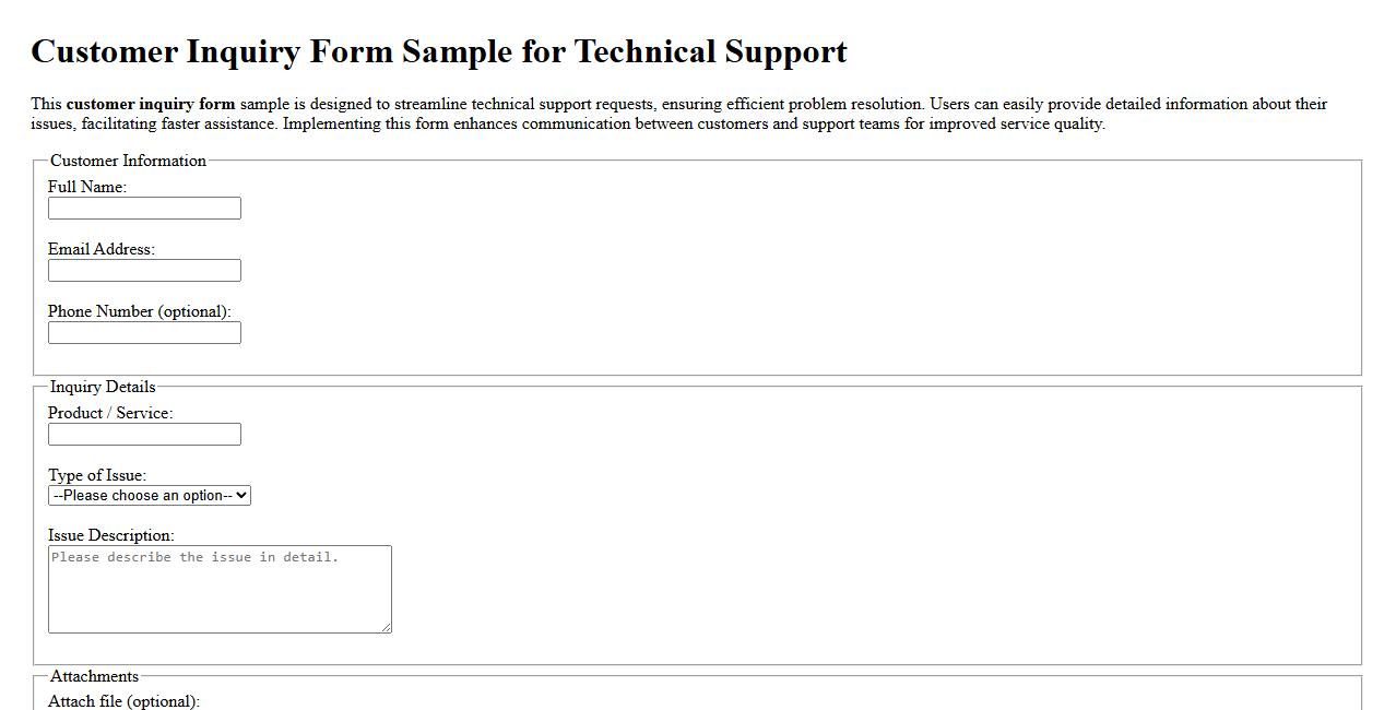 Customer inquiry form sample for technical support image preview