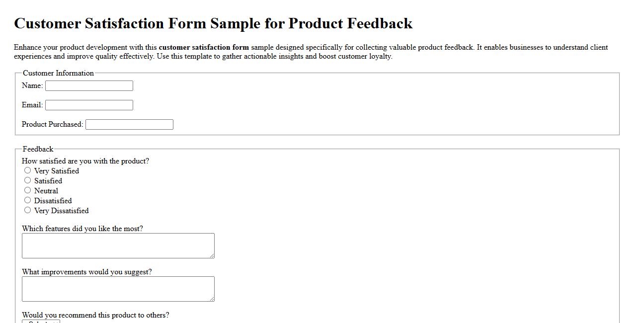 Customer satisfaction form sample for product feedback image preview