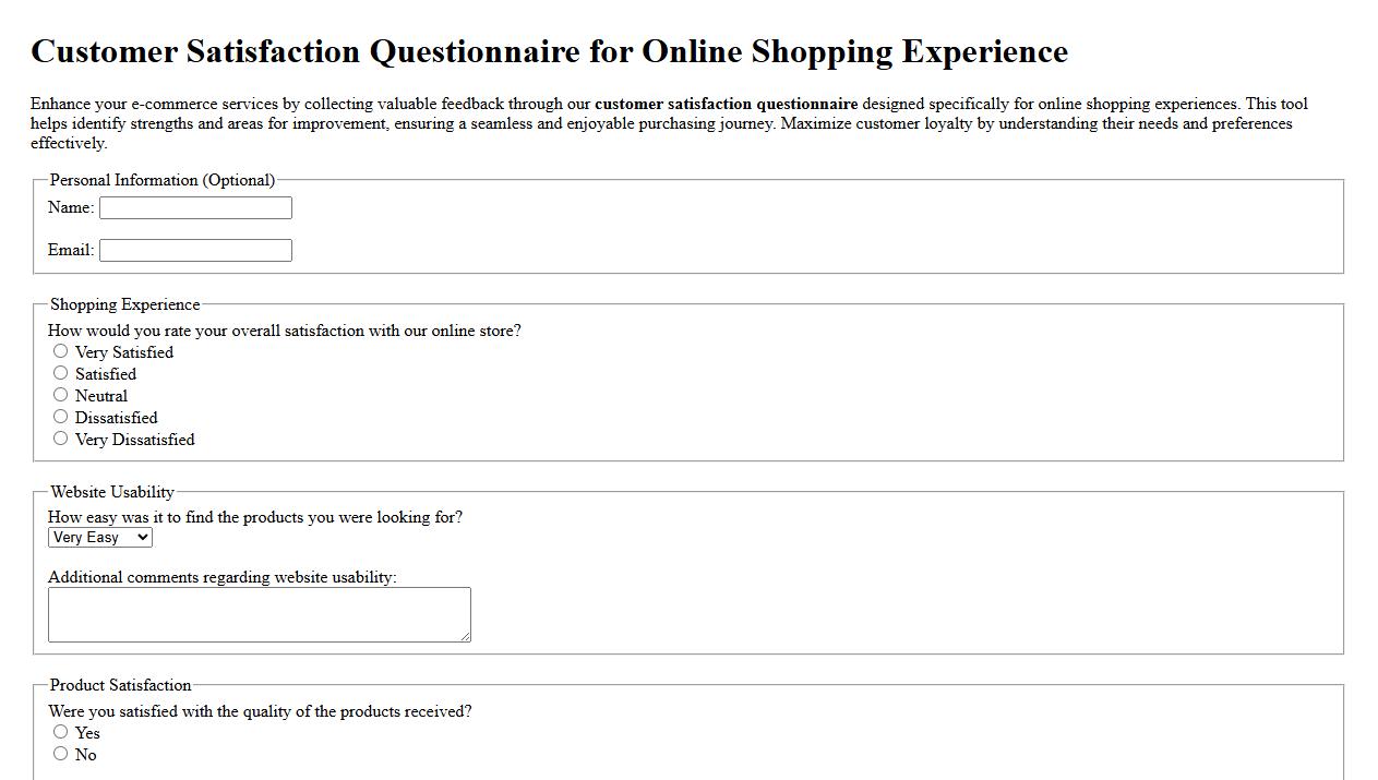 Customer satisfaction questionnaire for online shopping experience image preview