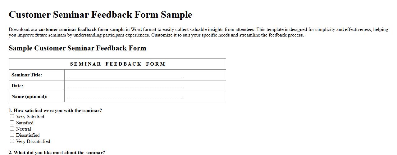 customer seminar feedback form sample Word format image preview
