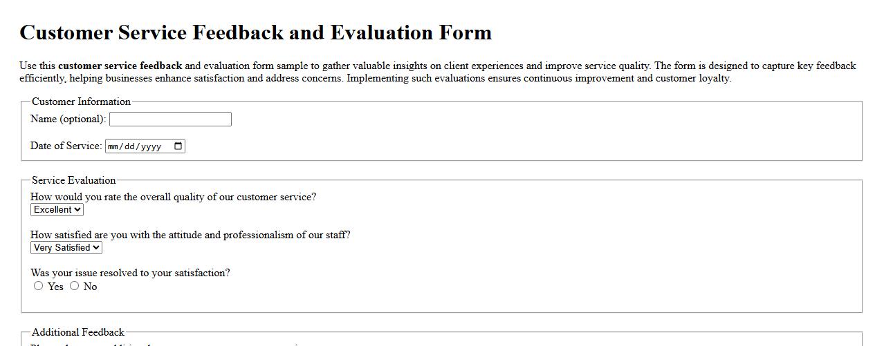 Customer service feedback and evaluation form sample image preview