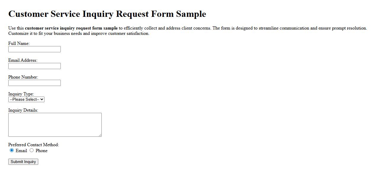 Customer service inquiry request form sample image preview