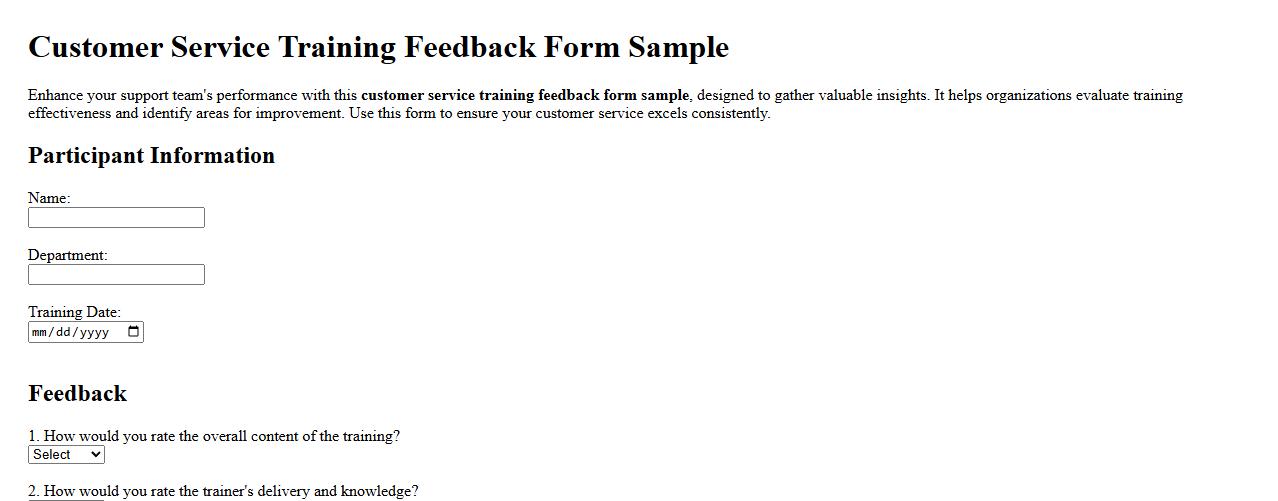 Customer service training feedback form sample image preview