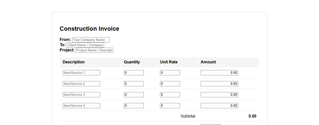 Customizable construction invoice form sample with tax calculation image preview