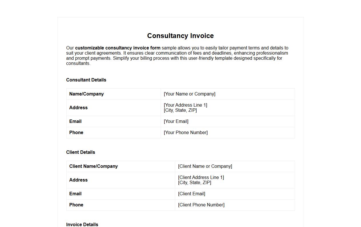 customizable consultancy invoice form sample with payment terms image preview
