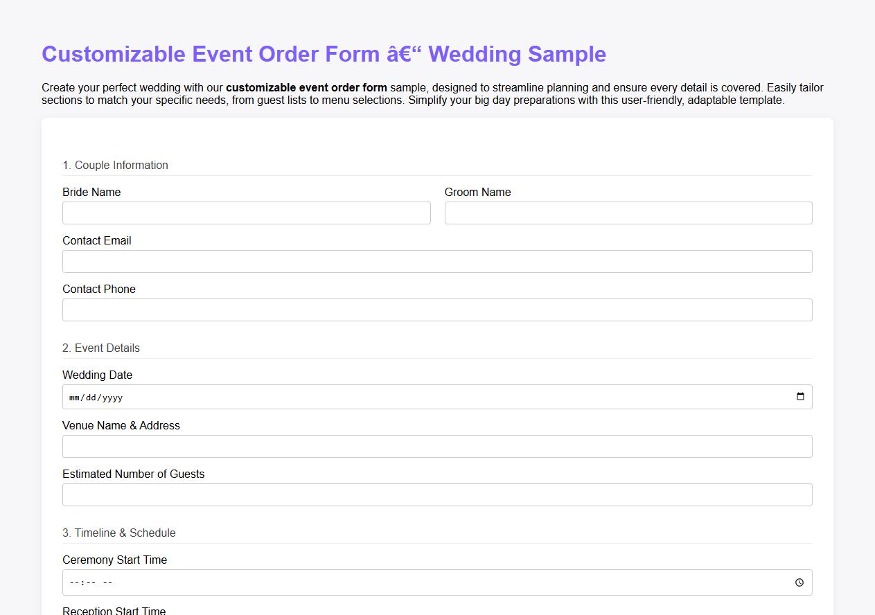 customizable event order form sample for weddings image preview