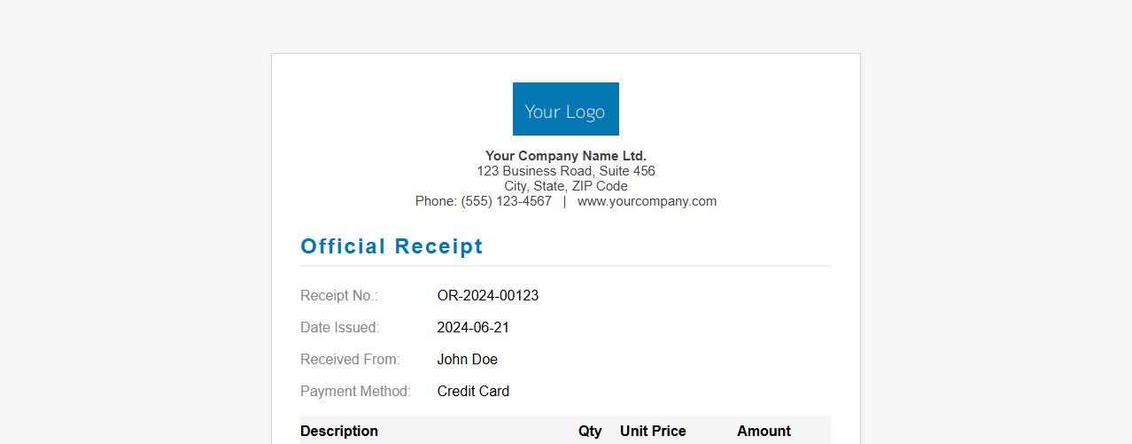 Customizable official receipt sample with company logo image preview