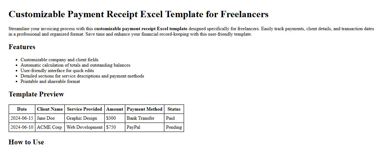 customizable payment receipt excel template for freelancers image preview