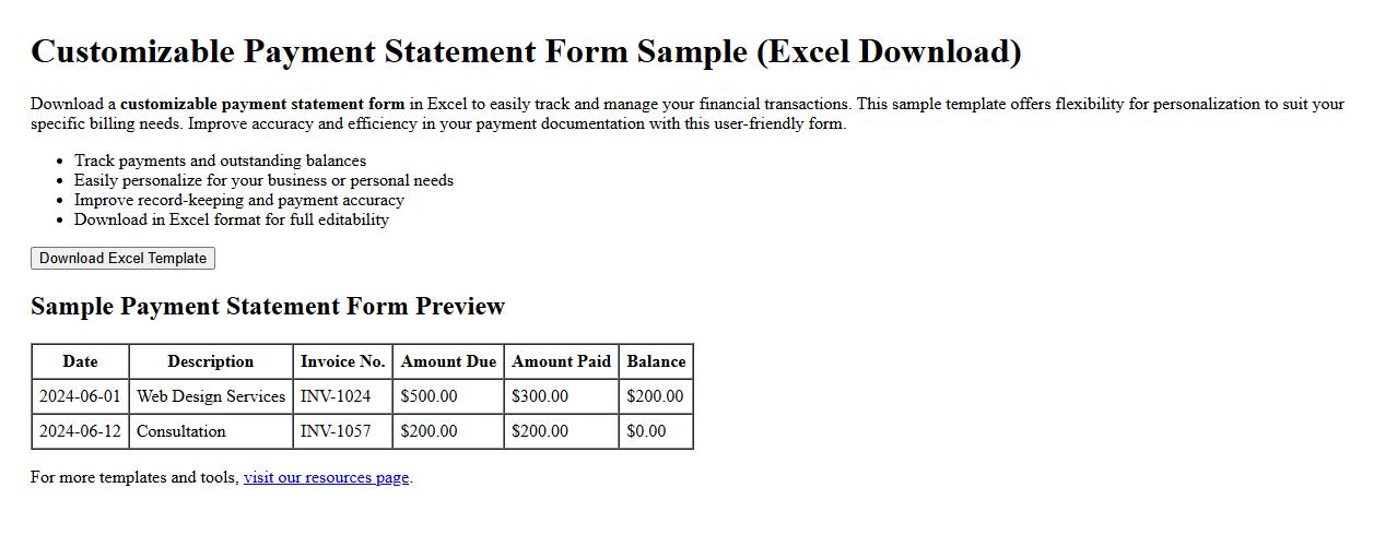 customizable payment statement form sample excel download image preview