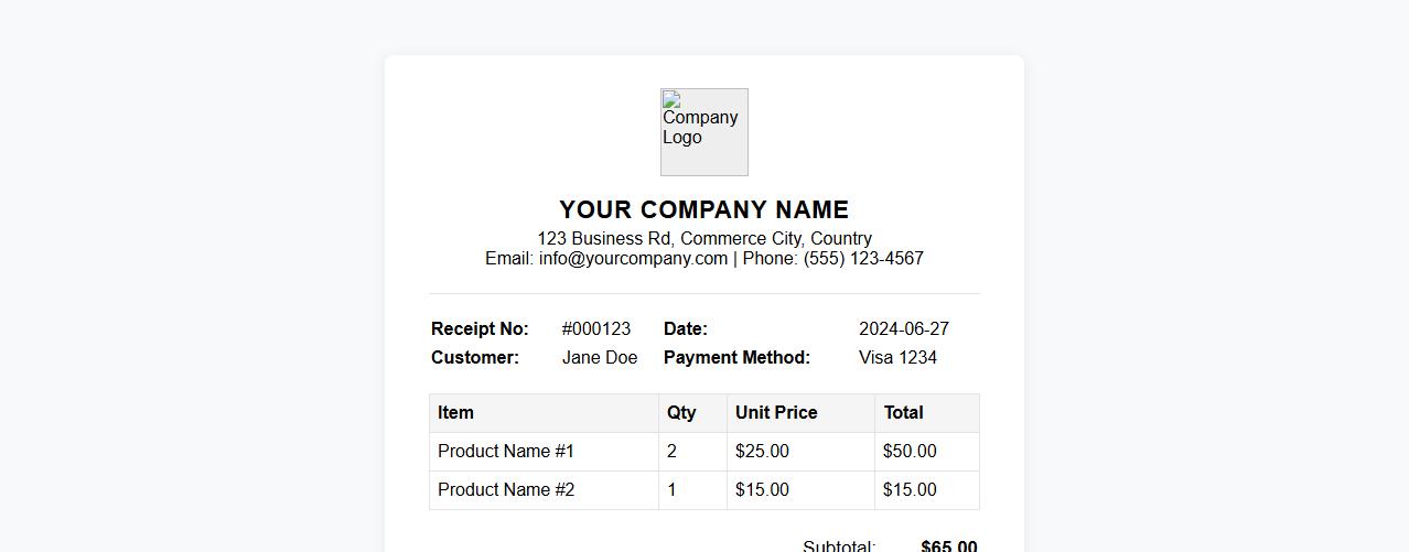 Customizable purchase receipt template with company logo image preview