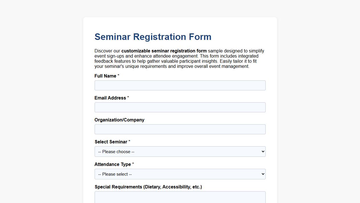 customizable seminar registration form sample with feedback image preview