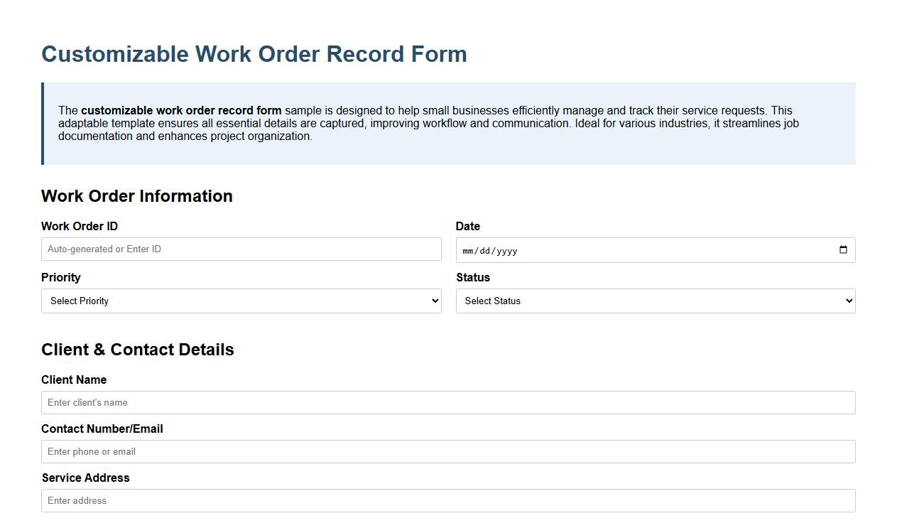 customizable work order record form sample for small businesses image preview