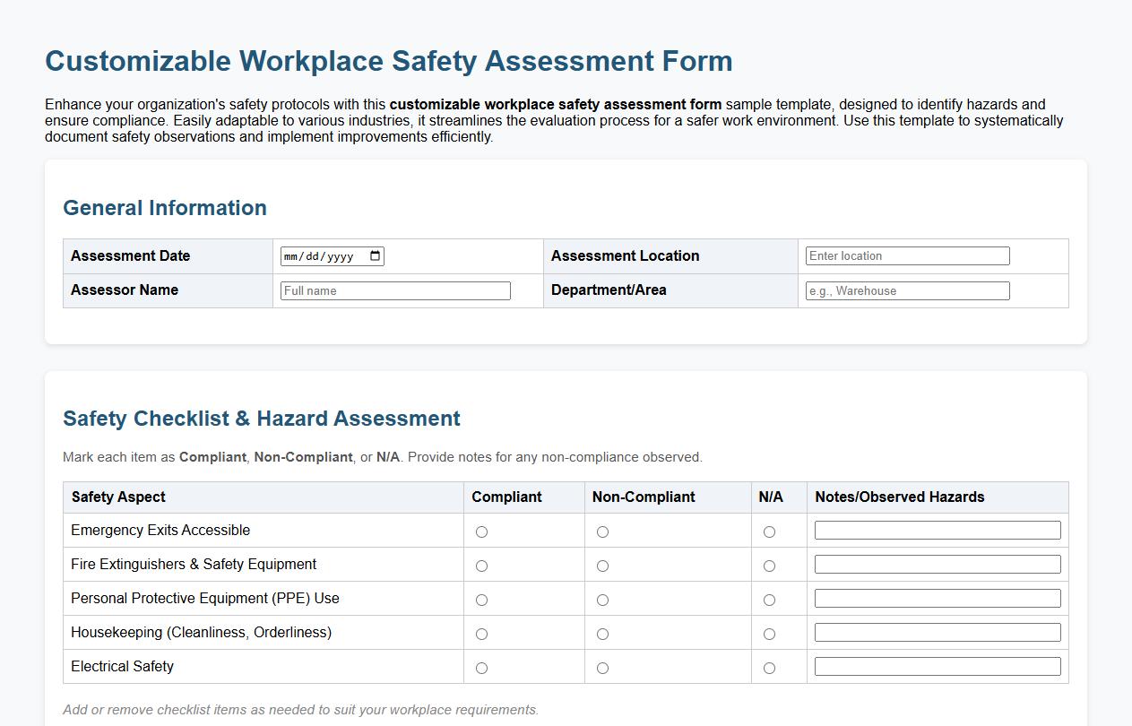 customizable workplace safety assessment form sample template image preview