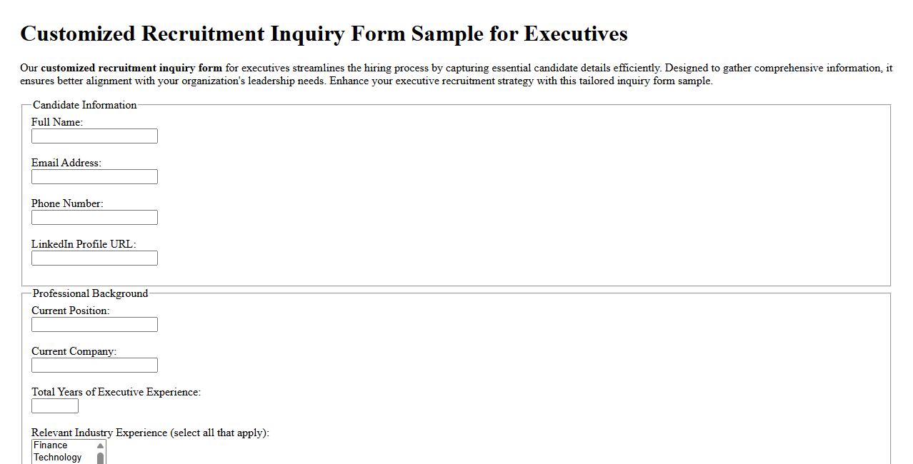 Customized recruitment inquiry form sample for executives image preview