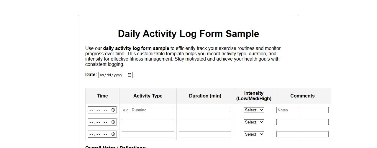 daily activity log form sample for exercise tracking image preview