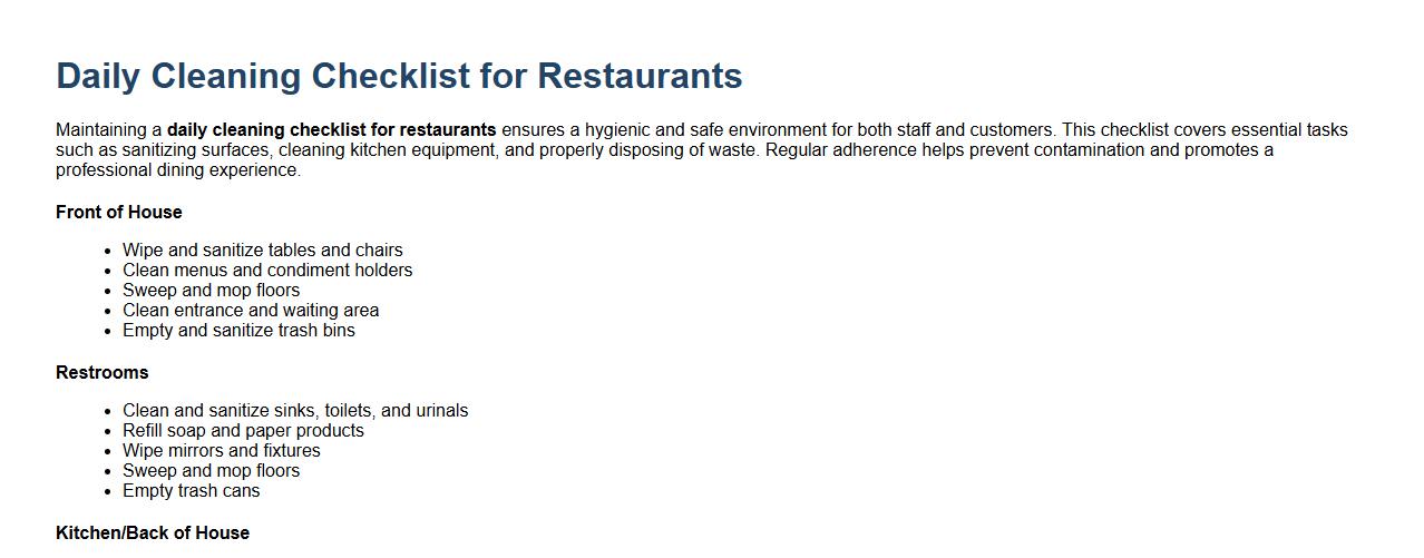 daily cleaning checklist for restaurants image preview
