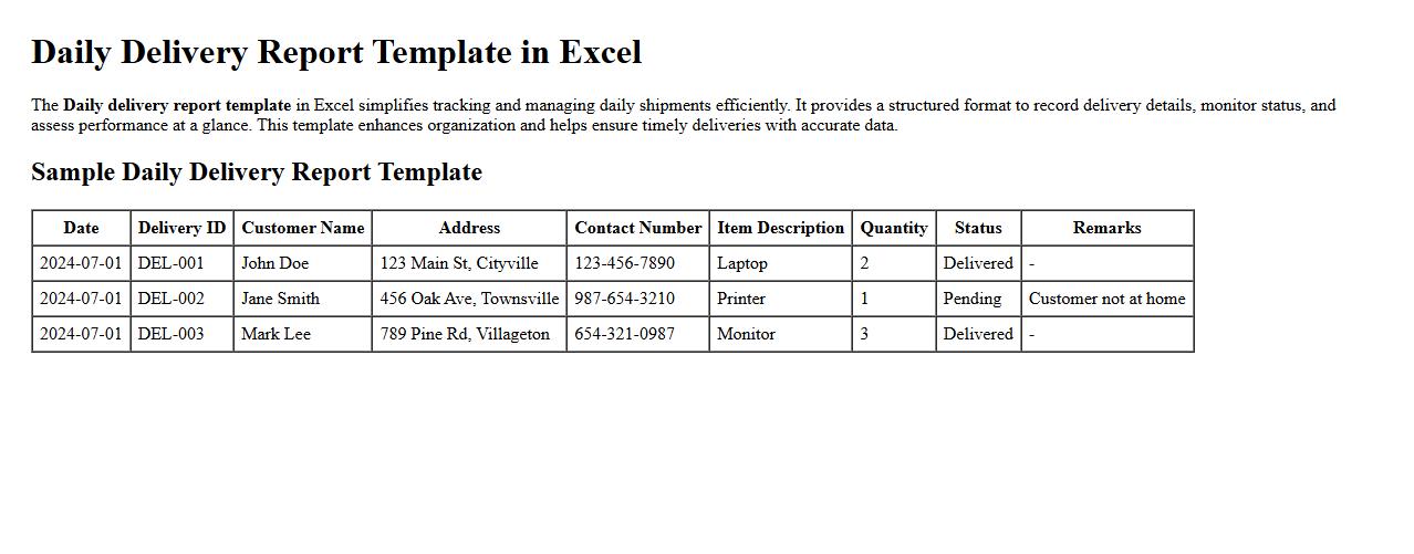 Daily delivery report template in Excel image preview