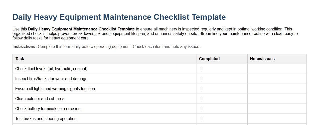 Daily heavy equipment maintenance checklist template image preview