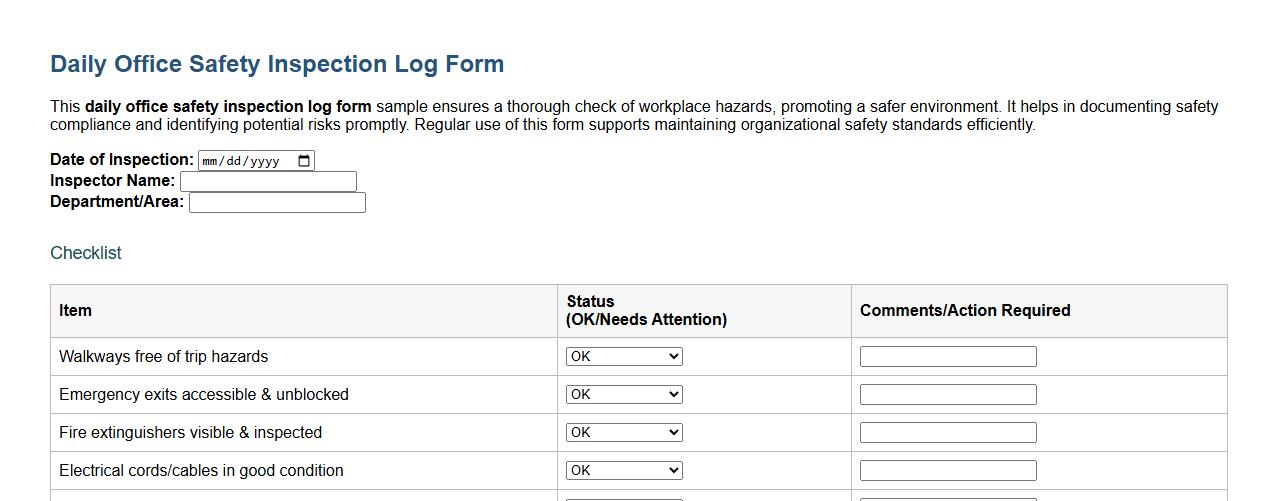 Daily office safety inspection log form sample image preview