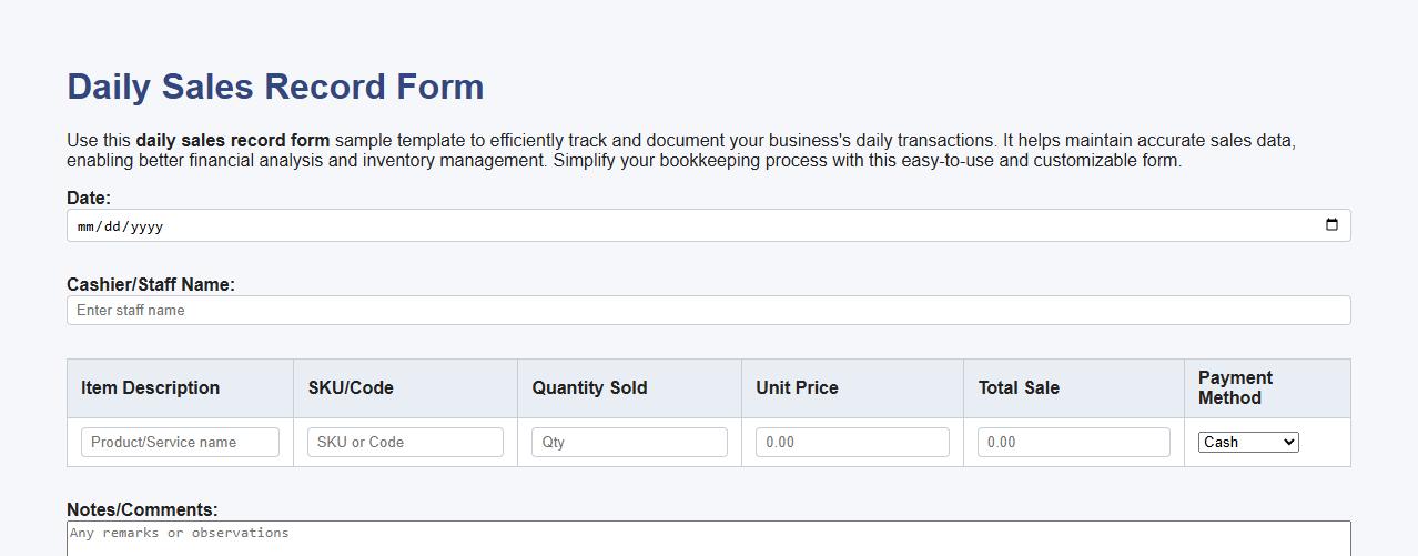 Daily sales record form sample template image preview
