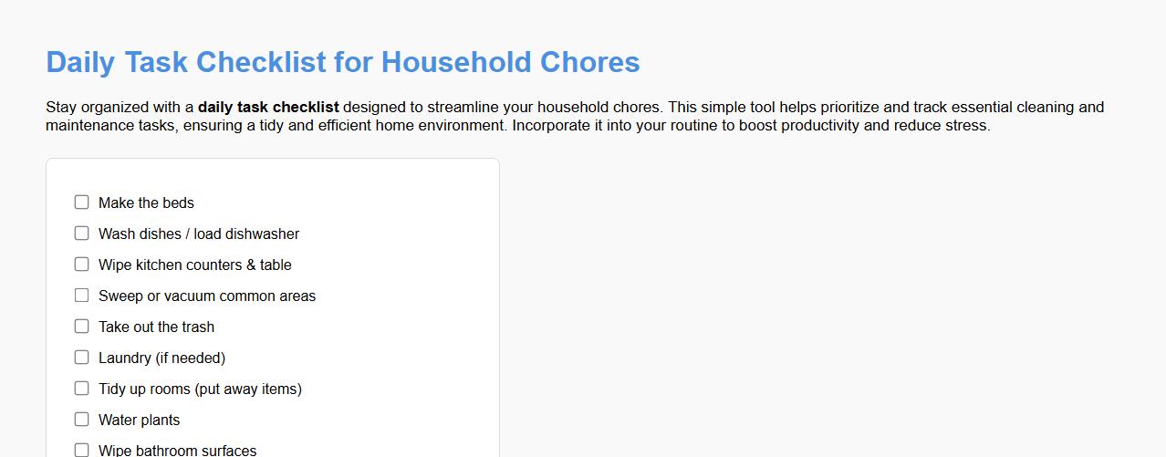 Daily task checklist for household chores image preview