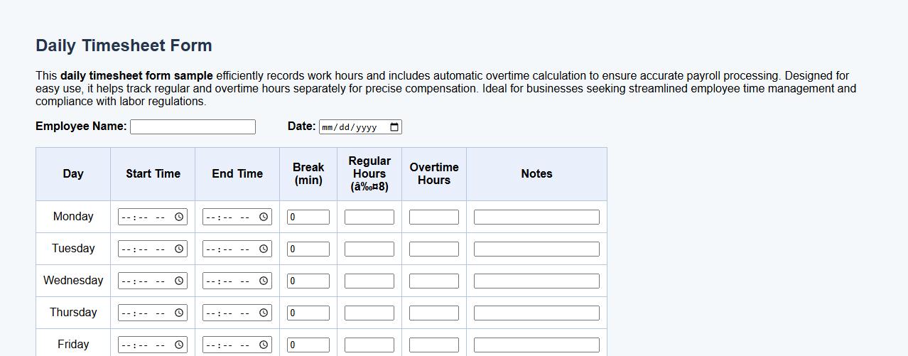 daily timesheet form sample with overtime calculation image preview