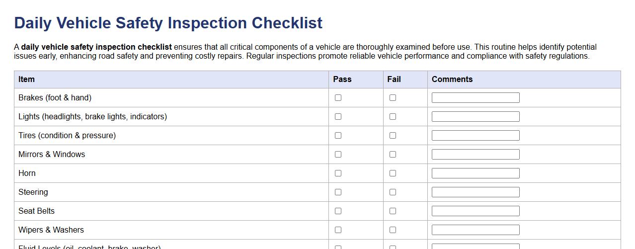 Daily vehicle safety inspection checklist image preview